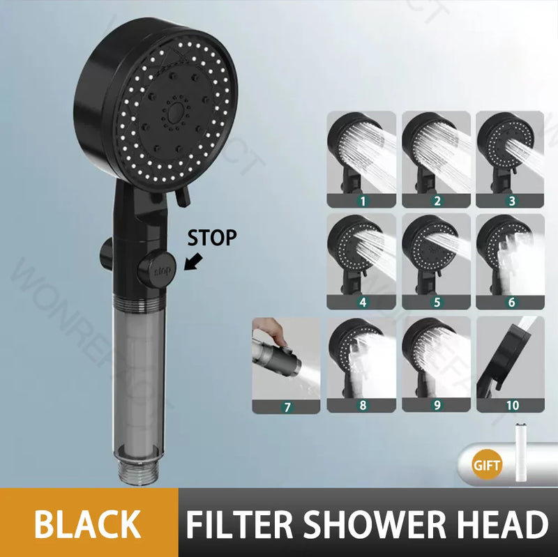Pommeau de Douche Filtrant 10 Modes Haute Pression avec Bouton Stop