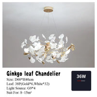 Suspension Cuisine Feuilles de Ginkgo Doré et Blanc, 60 à 150 cm