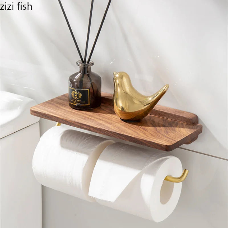 Porte-Papier Toilette Mural en Bois avec Tablette Doré