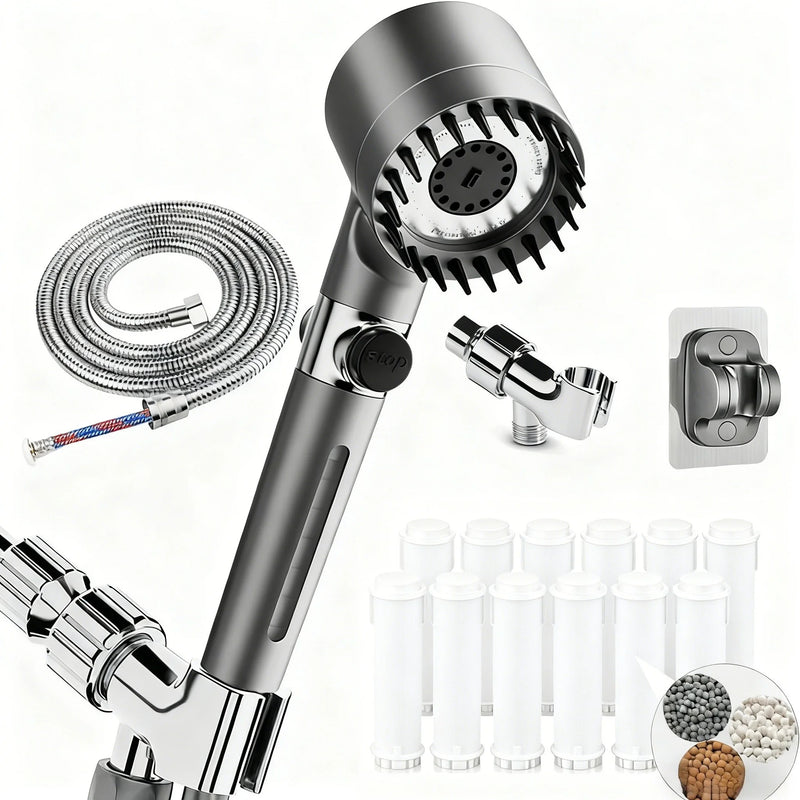 Kit Pommeau de Douche Gris 3 Modes, 12 Filtres et 2 Supports