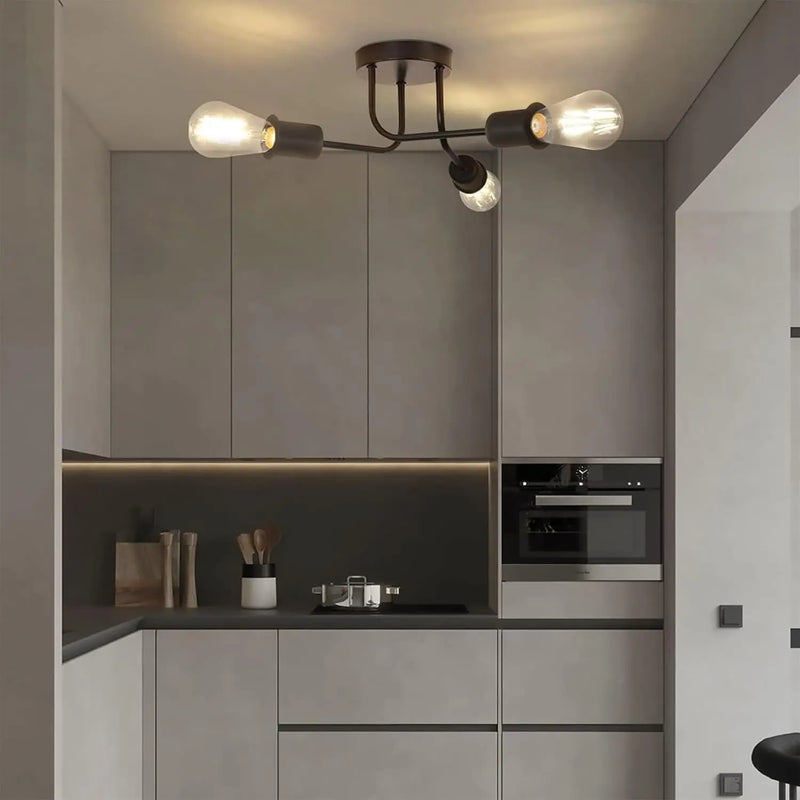 Plafonnier Cuisine Industriel Noir 3 ou 4 Lumières E27, Style Rétro
