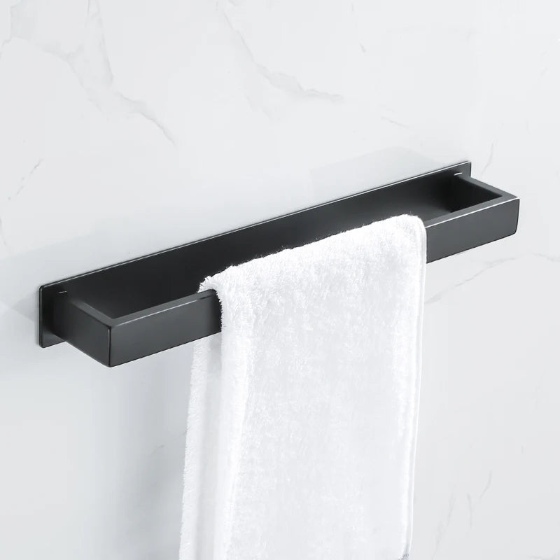 Porte-Serviette Adhésif Barre Plate Noir Mat ou Blanc 30 à 50 cm