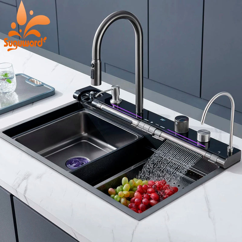 Évier Cuisine Inox Cascade Multifonction, Robinet Inclus, 60 à 80 cm