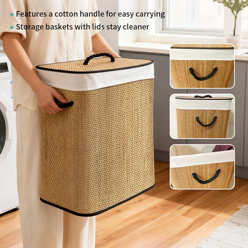 Grand Panier à Linge Bambou Tissé 72 L avec Couvercle