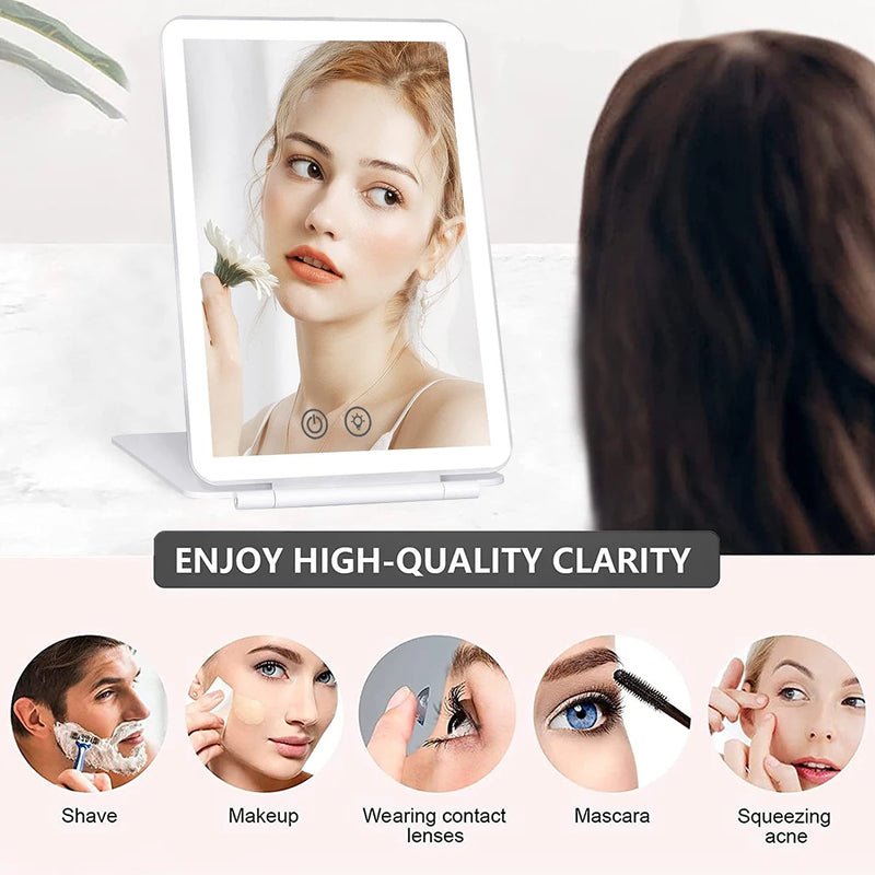 Miroir de Maquillage LED Pliant Rechargeable USB, 3 Teintes de Lumière