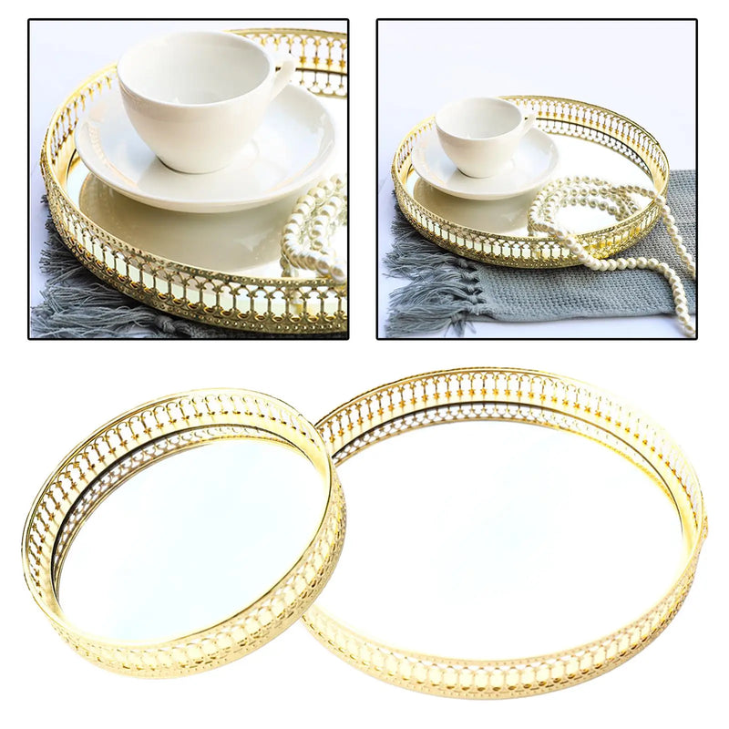 Plateau Miroir Rond Doré à Bord Ajouré, Verre et Métal 17,5 cm