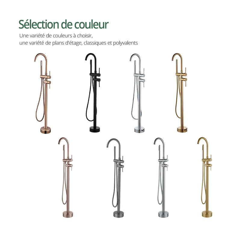 Robinet Baignoire Îlot sur Pied avec Douchette 1,5 m, Laiton, 6 Finitions