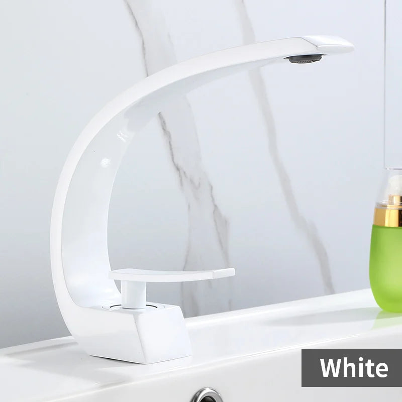 Mitigeur Lavabo Design Courbé Aluminium, Noir, Blanc, Chromé ou Doré Brillant