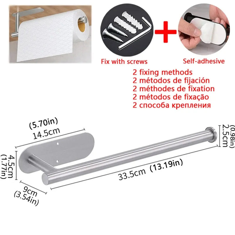 Porte-Essuie-Tout Adhésif Inox Sans Perçage, Noir, Argenté ou Doré, 33,5 cm