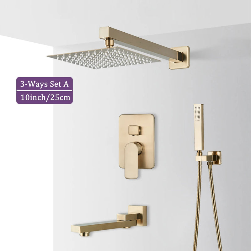 Douche Encastrable Or Brossé 2 ou 3 Voies, Pommeau Carré 20 à 40 cm