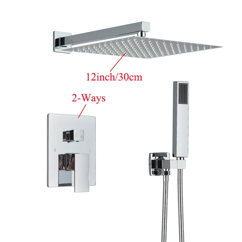 Douche Encastrable 2 Voies à Pommeau Carré, 25 à 40 cm, 4 Finitions