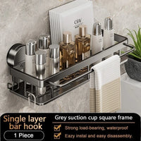 Étagère Salle de Bain Aluminium Gris à Ventouses, 1 ou 2 Plateaux