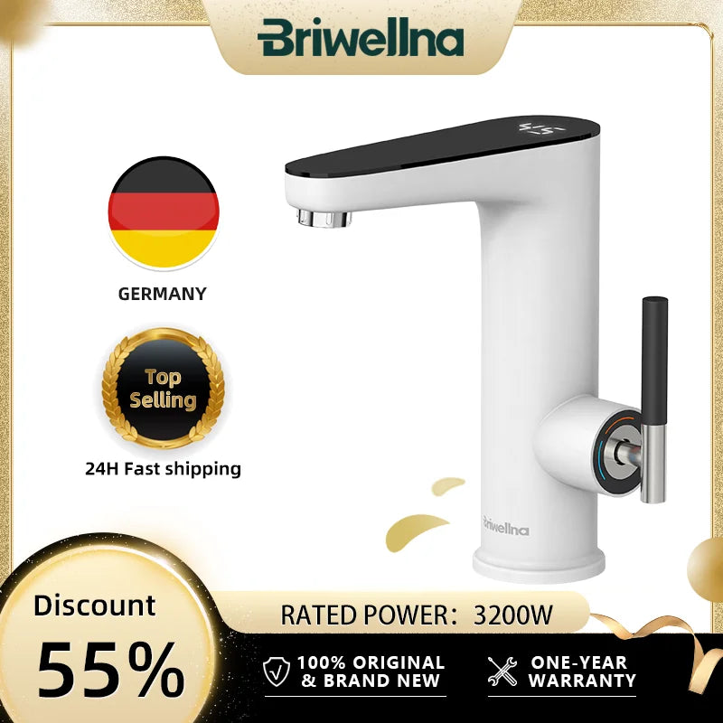 Robinet Chauffe-Eau Instantané Électrique pour Lavabo, Levier et Afficheur, 3 200 W