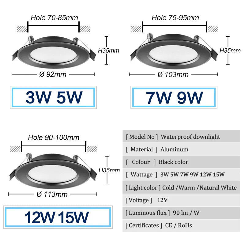Spot LED Encastrable Noir 12 V, 5 à 15 W, Ø 92 à 113 mm