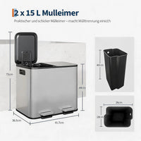 Poubelle Cuisine Inox Argenté 2 Bacs 15 L, 2 Pédales, Fermeture Douce