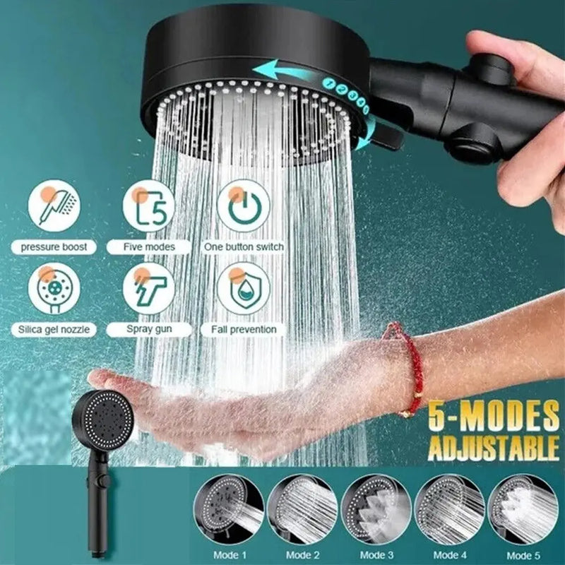 Pommeau de Douche Noir 5 Modes, Buses Silicone Autonettoyantes, Kit Complet