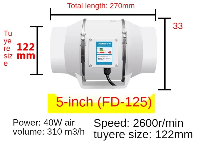 Extracteur d'Air en Ligne Silencieux, 120 à 540 m³/h, Salle de Bain