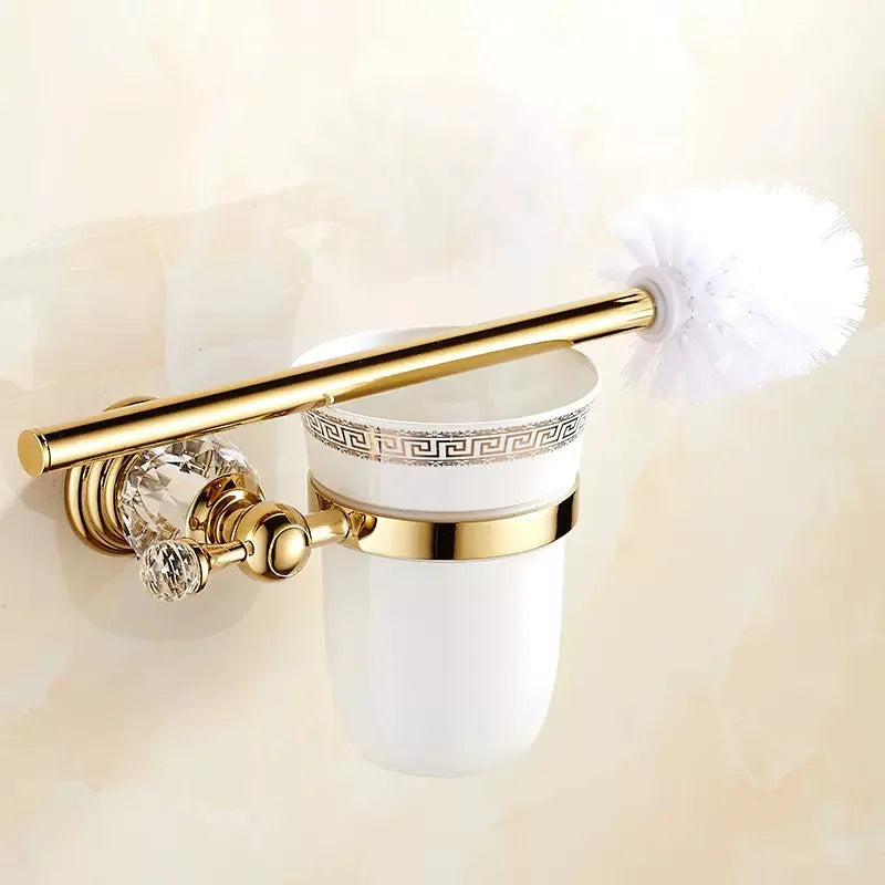 Porte-Brosse WC Mural Doré ou Chromé, Coupelle Céramique et Brosse