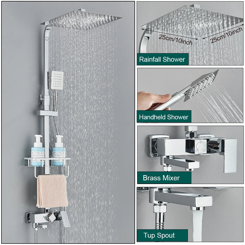 Colonne de Douche avec Étagère, Bec Baignoire et Pommeau Pluie