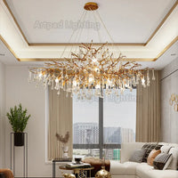 Lustre Suspension Cuisine Branches et Gouttes de Cristal, Doré ou Argenté, 100 à 150 cm