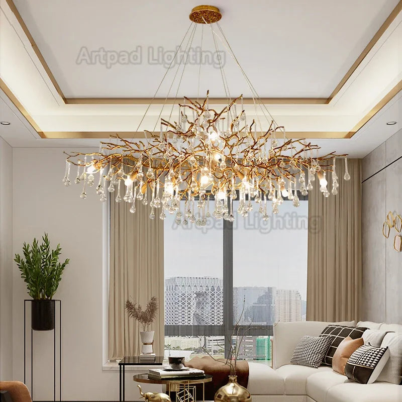 Lustre Suspension Cuisine Branches et Gouttes de Cristal, Doré ou Argenté, 100 à 150 cm