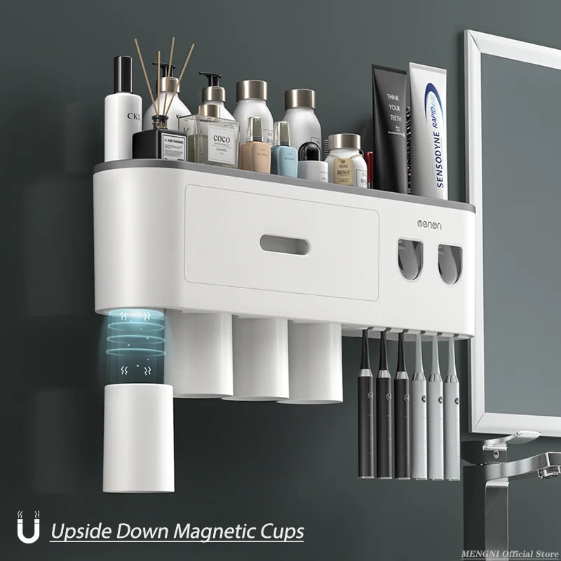 Porte-Brosse à Dents Mural Magnétique avec Distributeur de Dentifrice, 1 à 4 Gobelets