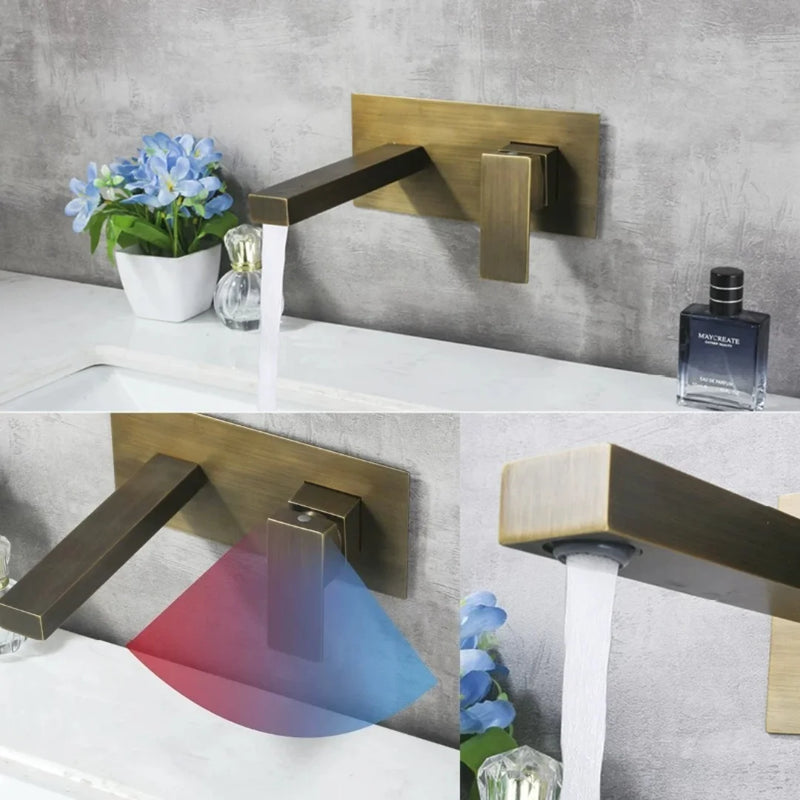 Robinet Mural Lavabo Bronze Antique à Platine, Bec Rond ou Carré