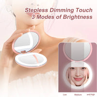 Miroir de Poche LED Rond Rechargeable 1x/3x, Rose ou Blanc