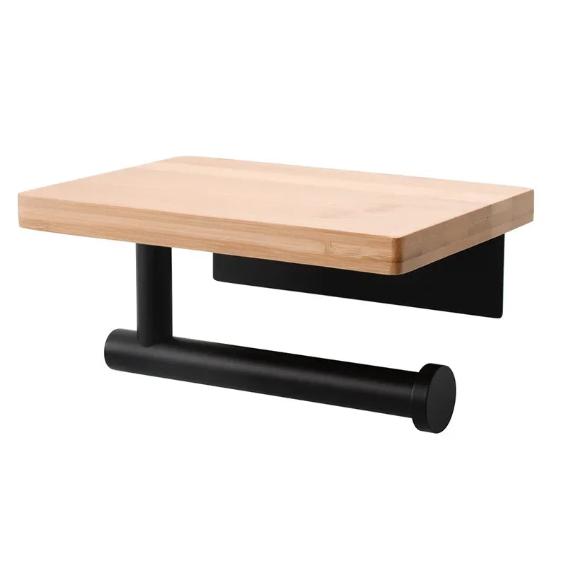 Porte-Papier Toilette Mural avec Tablette en Bois, Inox Noir ou Brossé