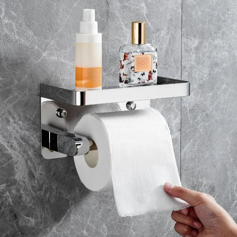 Porte-Papier Toilette Mural Inox 304 Chromé avec Tablette
