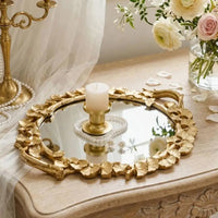 Plateau Miroir Feuillage Sculpté Doré ou Argenté, 44,5 x 38 cm