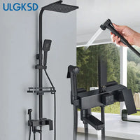 Colonne de Douche Réglable 73 à 116 cm avec Étagère, Noir, Chromé ou Doré