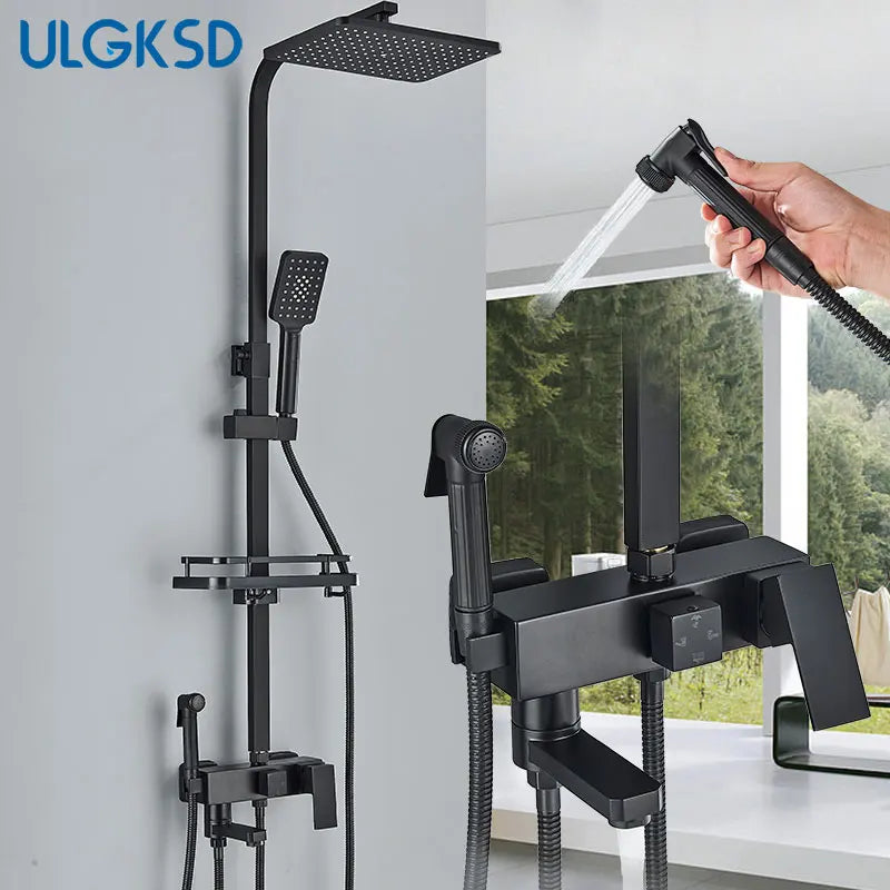 Colonne de Douche Réglable 73 à 116 cm avec Étagère, Noir, Chromé ou Doré