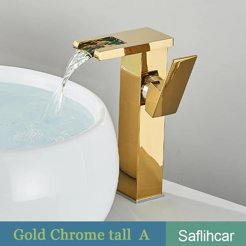 Mitigeur Lavabo Cascade LED Noir, Doré ou Chromé, Bec Court ou Haut
