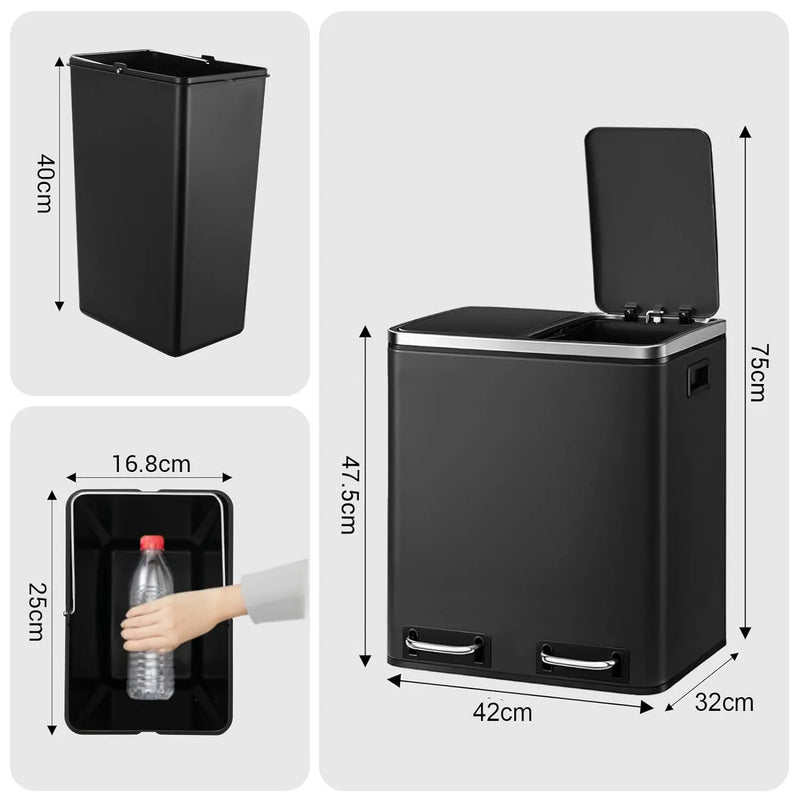 Poubelle de Cuisine Tri Sélectif 30 L, Noir, Inox ou Blanc
