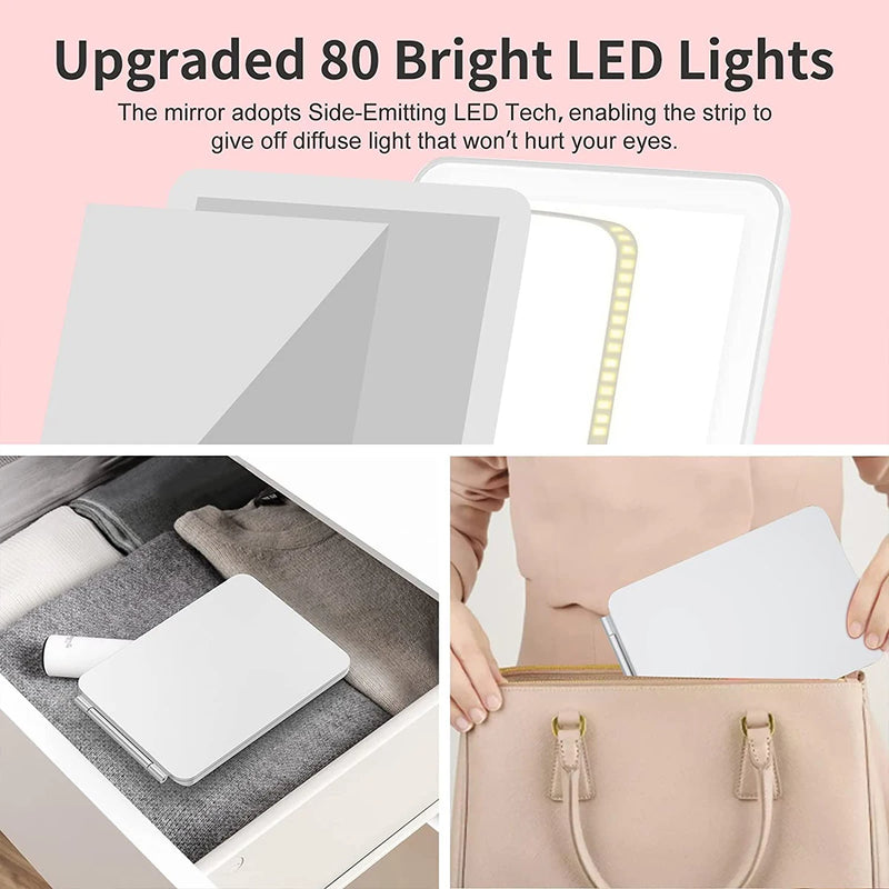 Miroir de Maquillage LED Pliant Rechargeable USB, 3 Teintes de Lumière