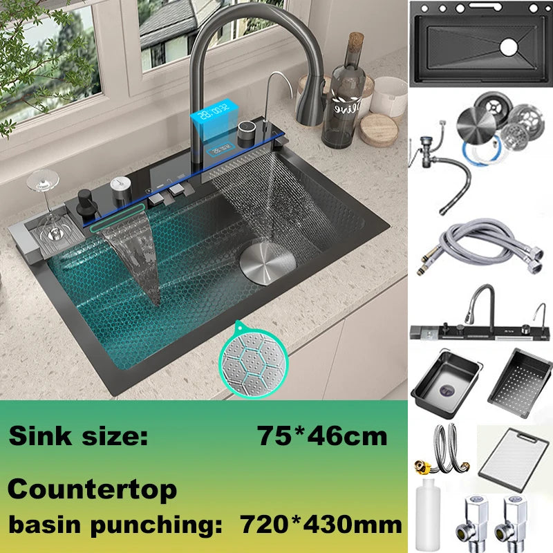 Évier de Cuisine Inox 304 Multifonction, Robinet Cascade, 68 à 100 cm
