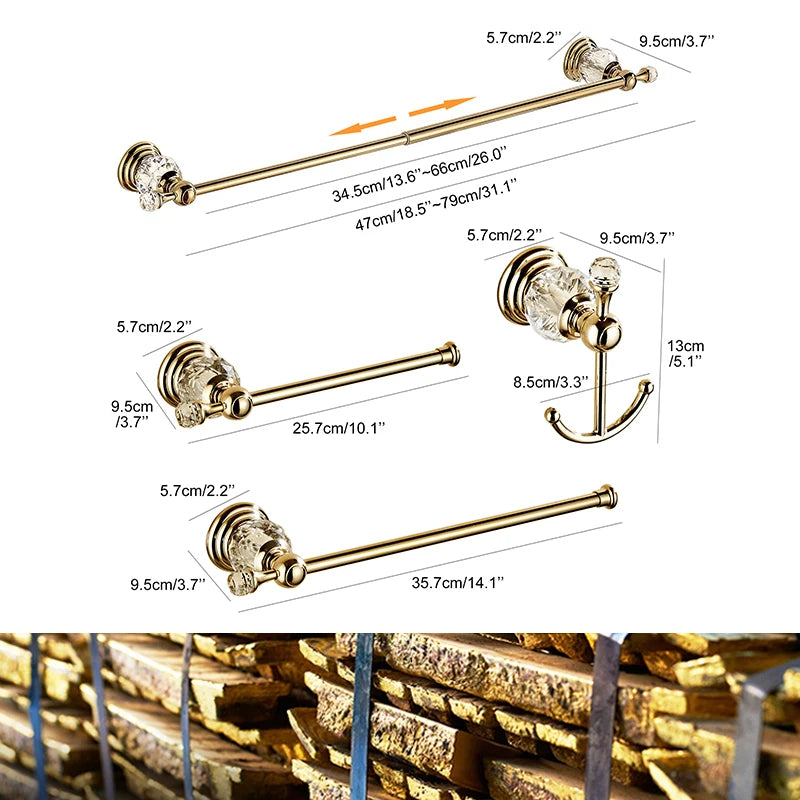 Ensemble Accessoires Salle de Bain Cristal Doré ou Chromé, 4 Pièces