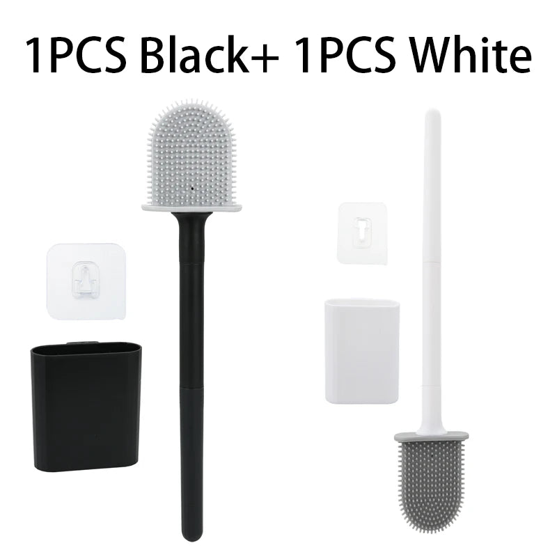 Brosse WC Silicone à Long Manche avec Support Mural Adhésif, Noir ou Blanc