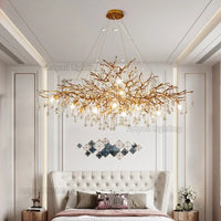 Lustre Suspension Cuisine Branches et Gouttes de Cristal, Doré ou Argenté, 100 à 150 cm