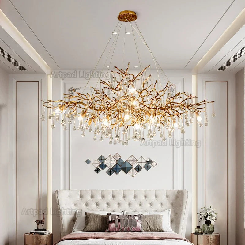 Lustre Suspension Cuisine Branches et Gouttes de Cristal, Doré ou Argenté, 100 à 150 cm