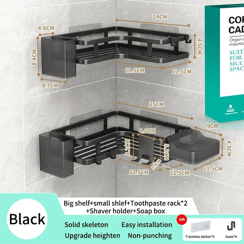 Étagère de Douche d'Angle Sans Perçage Noir ou Blanc, 2 Étagères et Accessoires