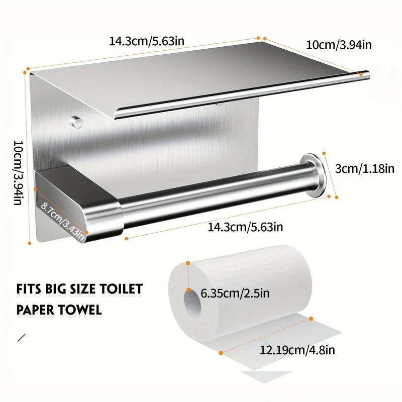 Porte-Papier Toilette Mural Inox Brossé avec Tablette, Collage ou Vissage