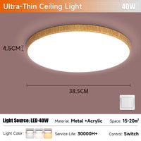 Plafonnier Cuisine LED Rond Grain de Bois Ultra-Plat, 18 à 50 W, 4 Finitions