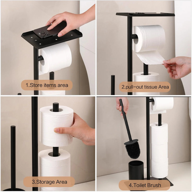 Porte-Papier Toilette sur Pied Noir avec Étagère, Option Brosse WC