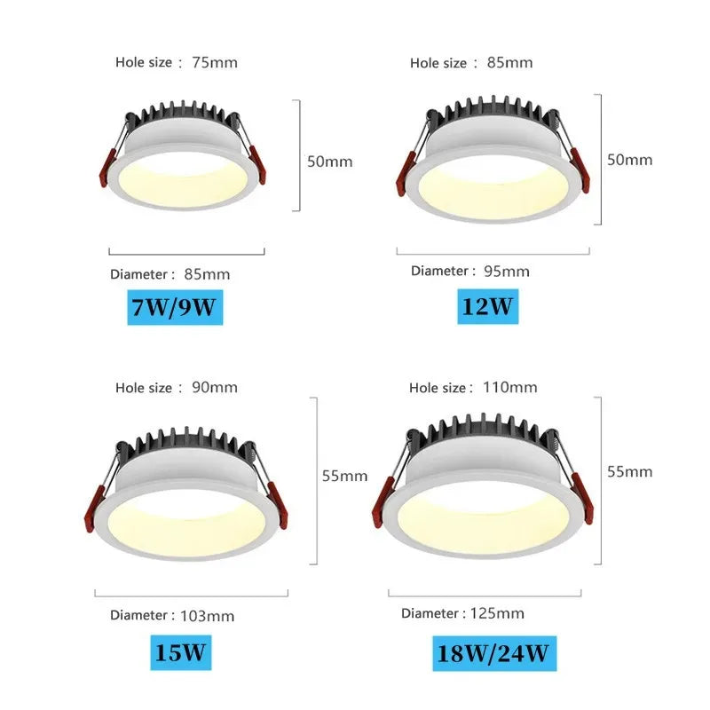 Spot LED Encastrable Cuisine COB Anti-Éblouissement, 7 à 24 W, Blanc ou Noir