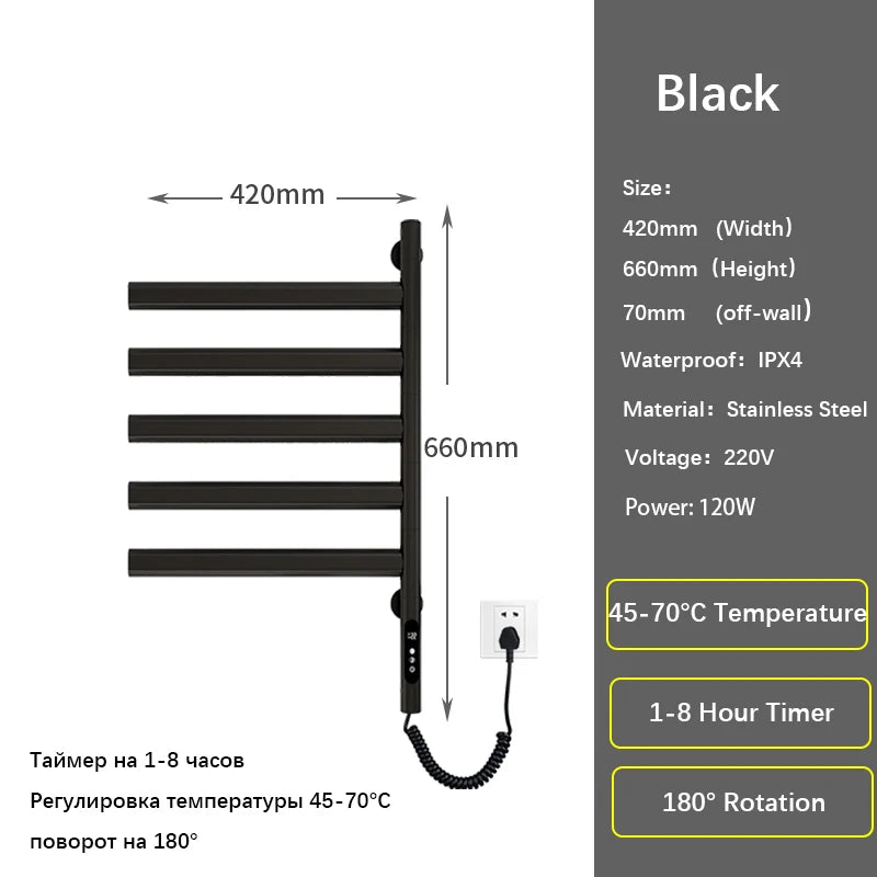 Sèche-Serviette Électrique Mural Rotatif 120 W, Noir, Blanc ou Gris