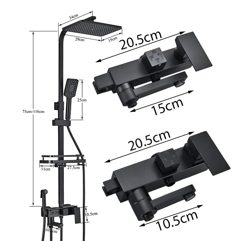 Colonne de Douche Réglable 73 à 116 cm avec Étagère, Noir, Chromé ou Doré