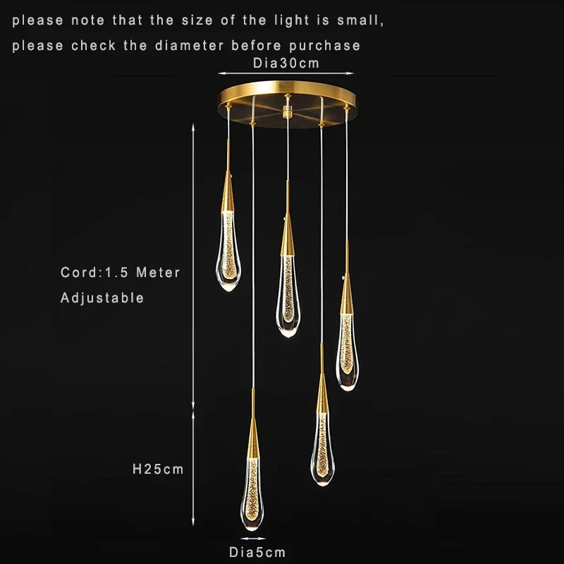 Suspension Cuisine Goutte d'Eau Cristal Doré LED, 1 à 10 Gouttes