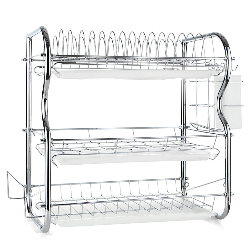 Égouttoir à Vaisselle 3 Niveaux Chromé, Porte-Couverts et Support Planche, 42 cm